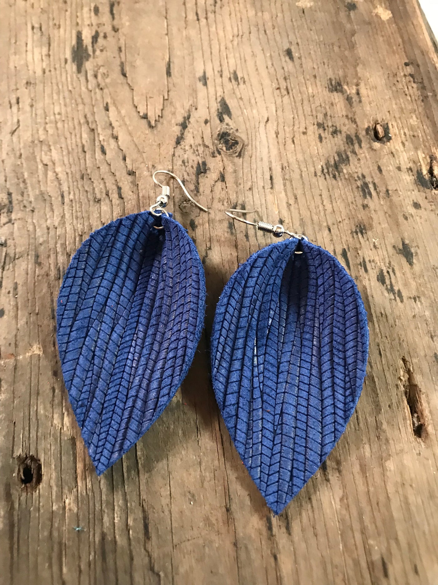 Blue palm leaf textured leather earring - Jill's Jewels | Unique, Handcrafted, Trendy, And Fun Jewelry
