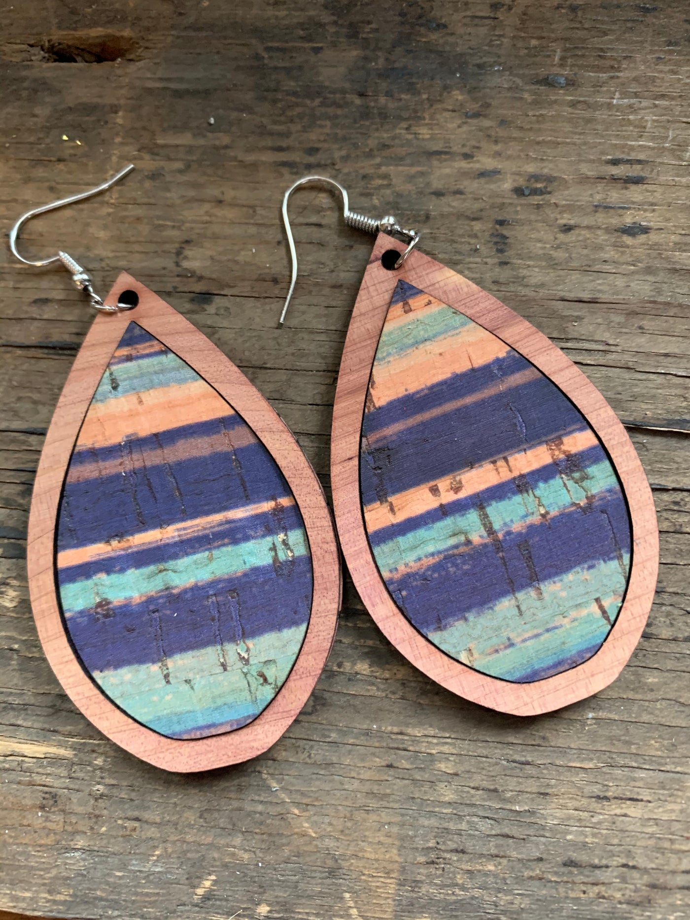 Blue Coral Sunset Cork Wood Teardrop Earrings - Jill's Jewels | Unique, Handcrafted, Trendy, And Fun Jewelry