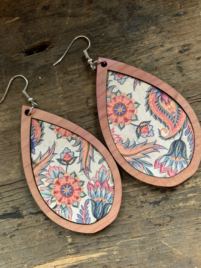 White and Coral Floral Cork Wood Teardrop Earrings - Jill's Jewels | Unique, Handcrafted, Trendy, And Fun Jewelry
