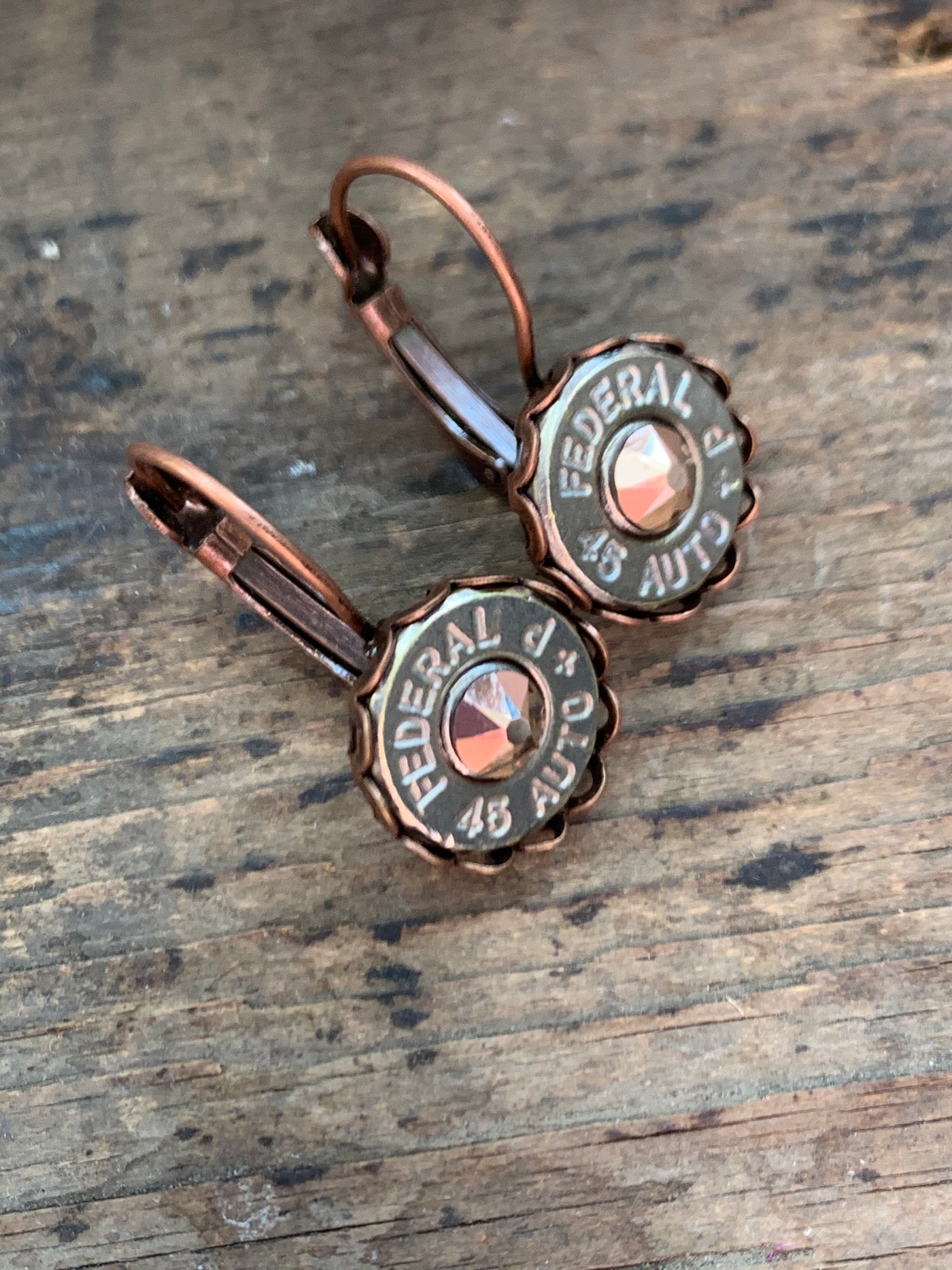 Copper and Rose Gold lever back earrings with 45 Auto bullets - Jill's Jewels | Unique, Handcrafted, Trendy, And Fun Jewelry