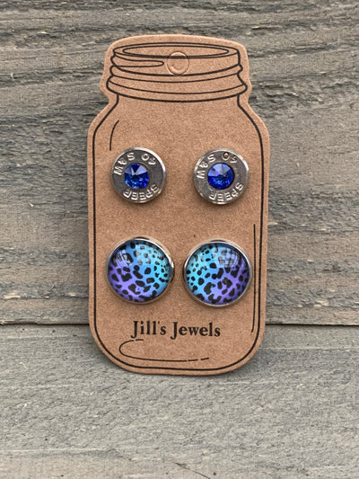 Blue and Purple Leopard 40 Caliber bullet earring set - Jill's Jewels | Unique, Handcrafted, Trendy, And Fun Jewelry