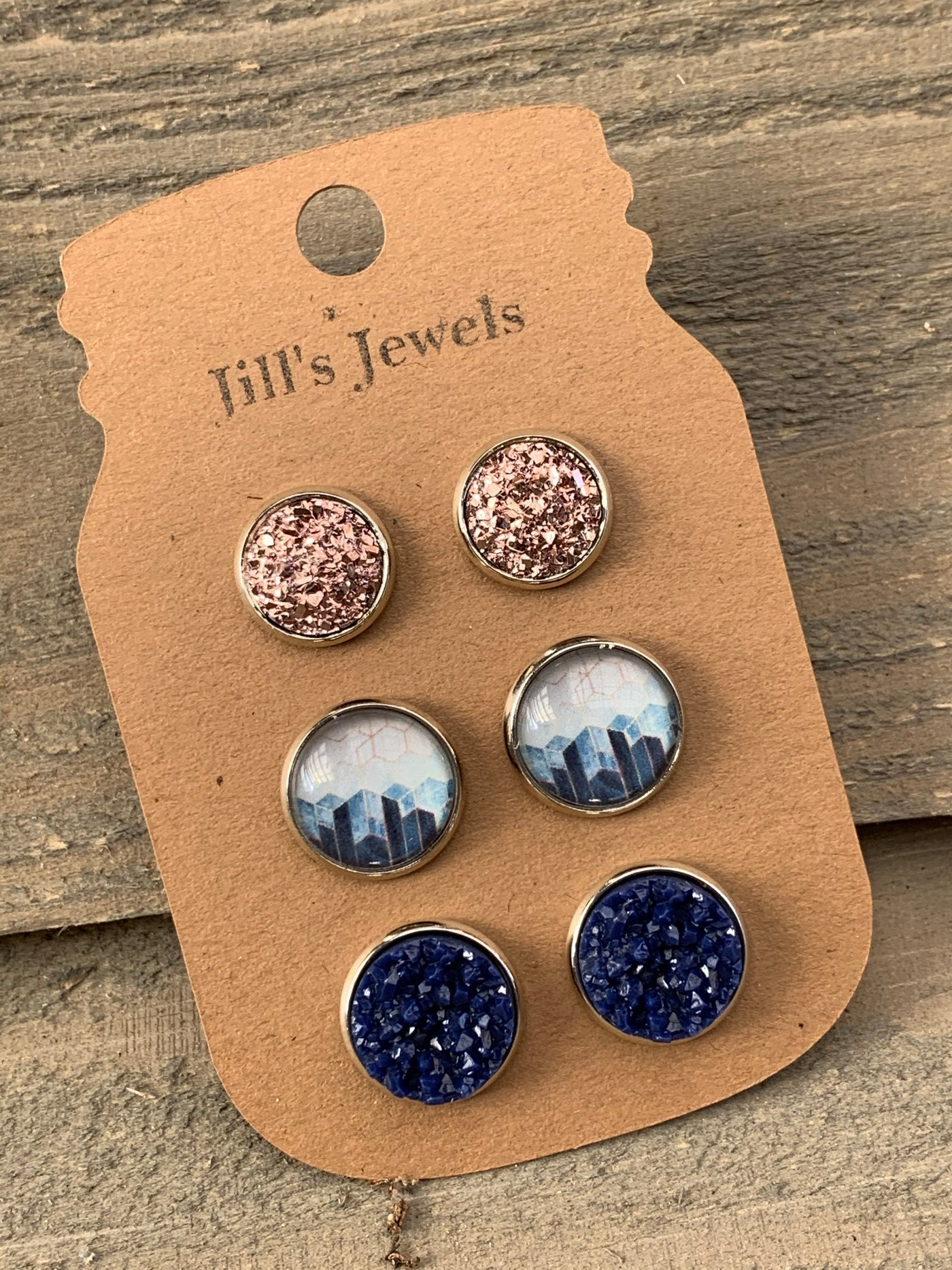 Rose Gold and Navy Geometric Faux Druzy Earring 3 Set - Jill's Jewels | Unique, Handcrafted, Trendy, And Fun Jewelry