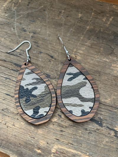 Camo Leather Wood Teardrop Earrings - Jill's Jewels | Unique, Handcrafted, Trendy, And Fun Jewelry