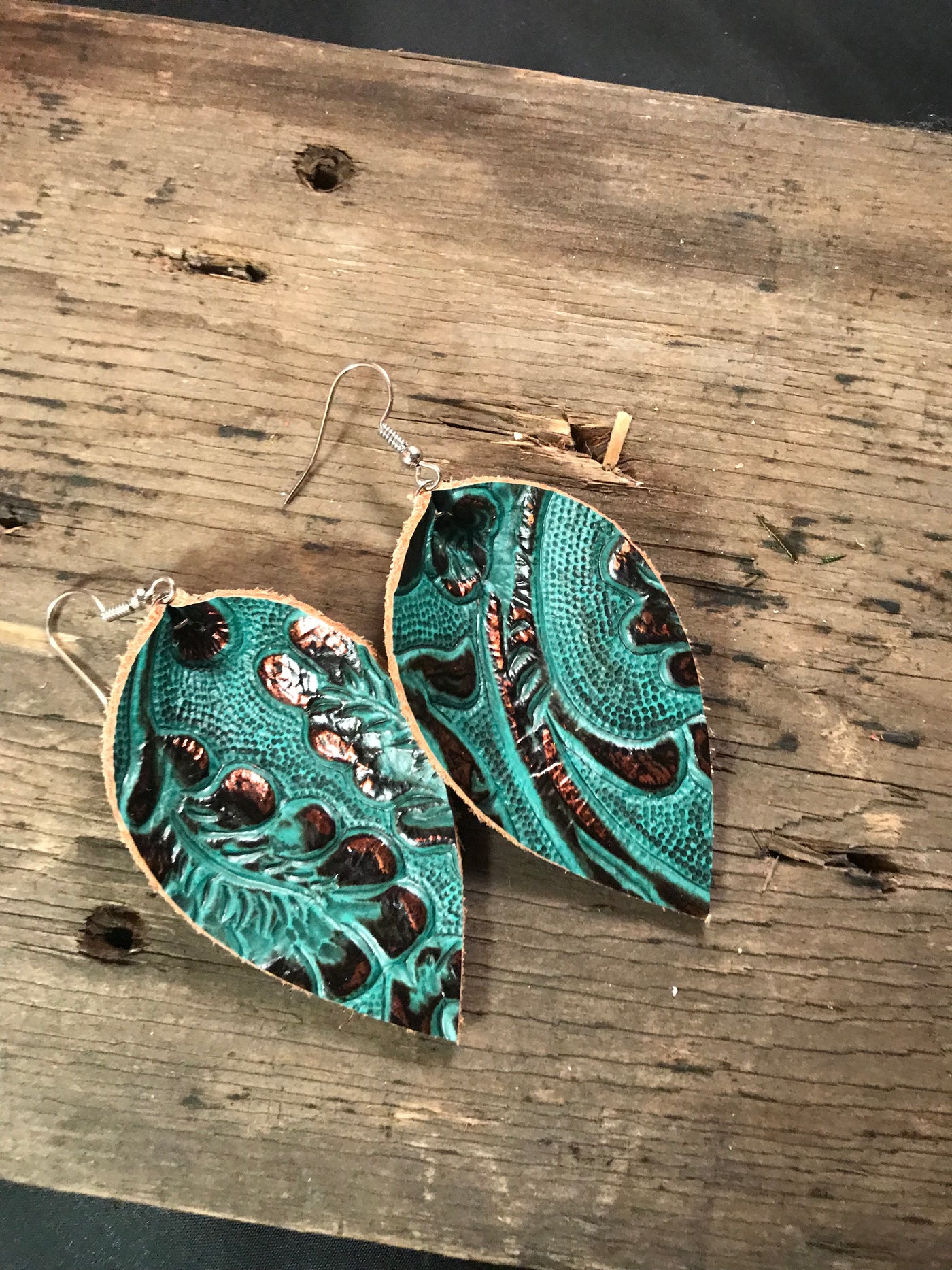Teal and Copper Leather Earrings - Jill's Jewels | Unique, Handcrafted, Trendy, And Fun Jewelry