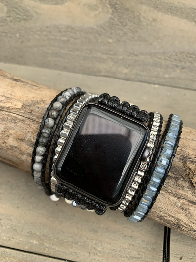 Black and Grey Beaded Smart Watch Wrap Bracelet - Jill's Jewels | Unique, Handcrafted, Trendy, And Fun Jewelry