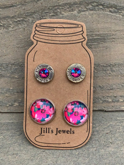 Pink and Blue Floral 40 Caliber bullet earring set - Jill's Jewels | Unique, Handcrafted, Trendy, And Fun Jewelry