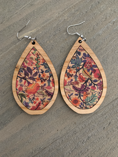 Colorful Floral Cork and Wood Teardrop Earrings - Jill's Jewels | Unique, Handcrafted, Trendy, And Fun Jewelry