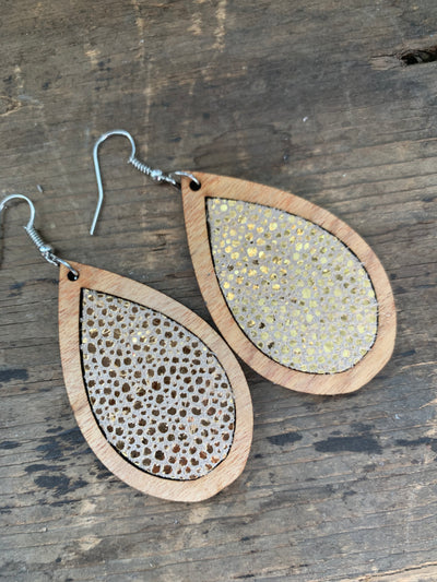 Gold Stingray Leather Wood Teardrop Earrings - Jill's Jewels | Unique, Handcrafted, Trendy, And Fun Jewelry