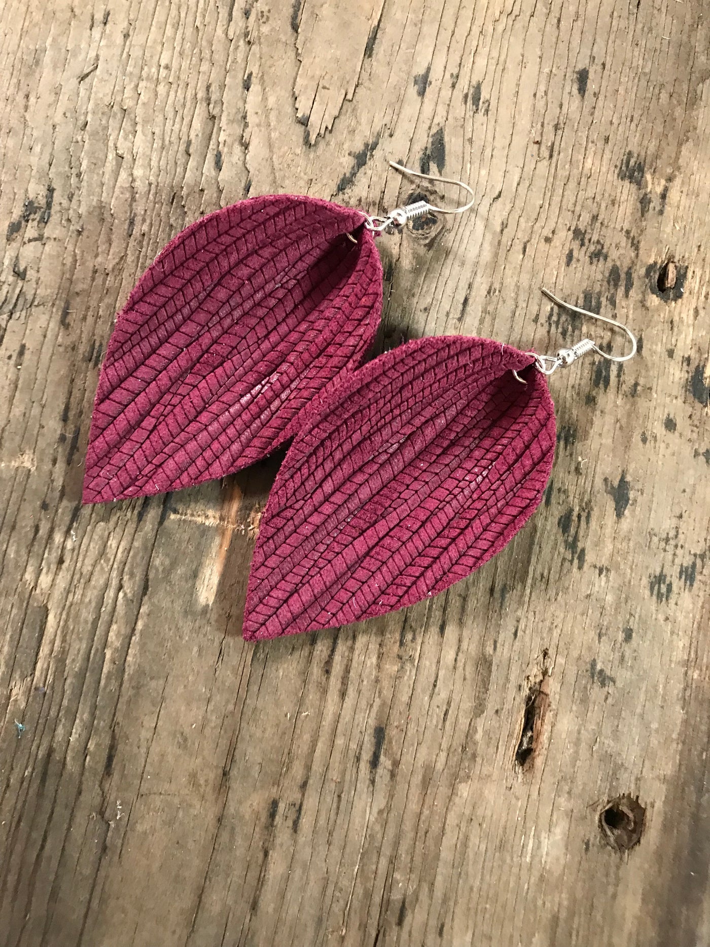 Burgundy palm leaf textured leather earring - Jill's Jewels | Unique, Handcrafted, Trendy, And Fun Jewelry