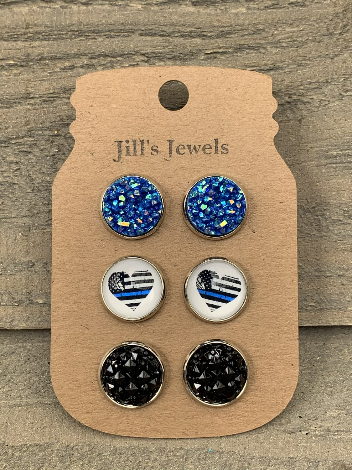 Blue Line Heart Faux Druzy Earring 3 Set - Jill's Jewels | Unique, Handcrafted, Trendy, And Fun Jewelry