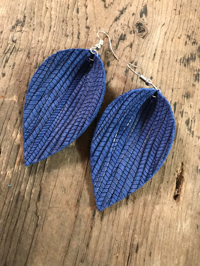 Blue palm leaf textured leather earring - Jill's Jewels | Unique, Handcrafted, Trendy, And Fun Jewelry