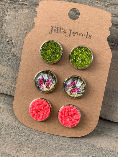 Coral and Green Butterfly Faux Druzy Earring 3 Set - Jill's Jewels | Unique, Handcrafted, Trendy, And Fun Jewelry