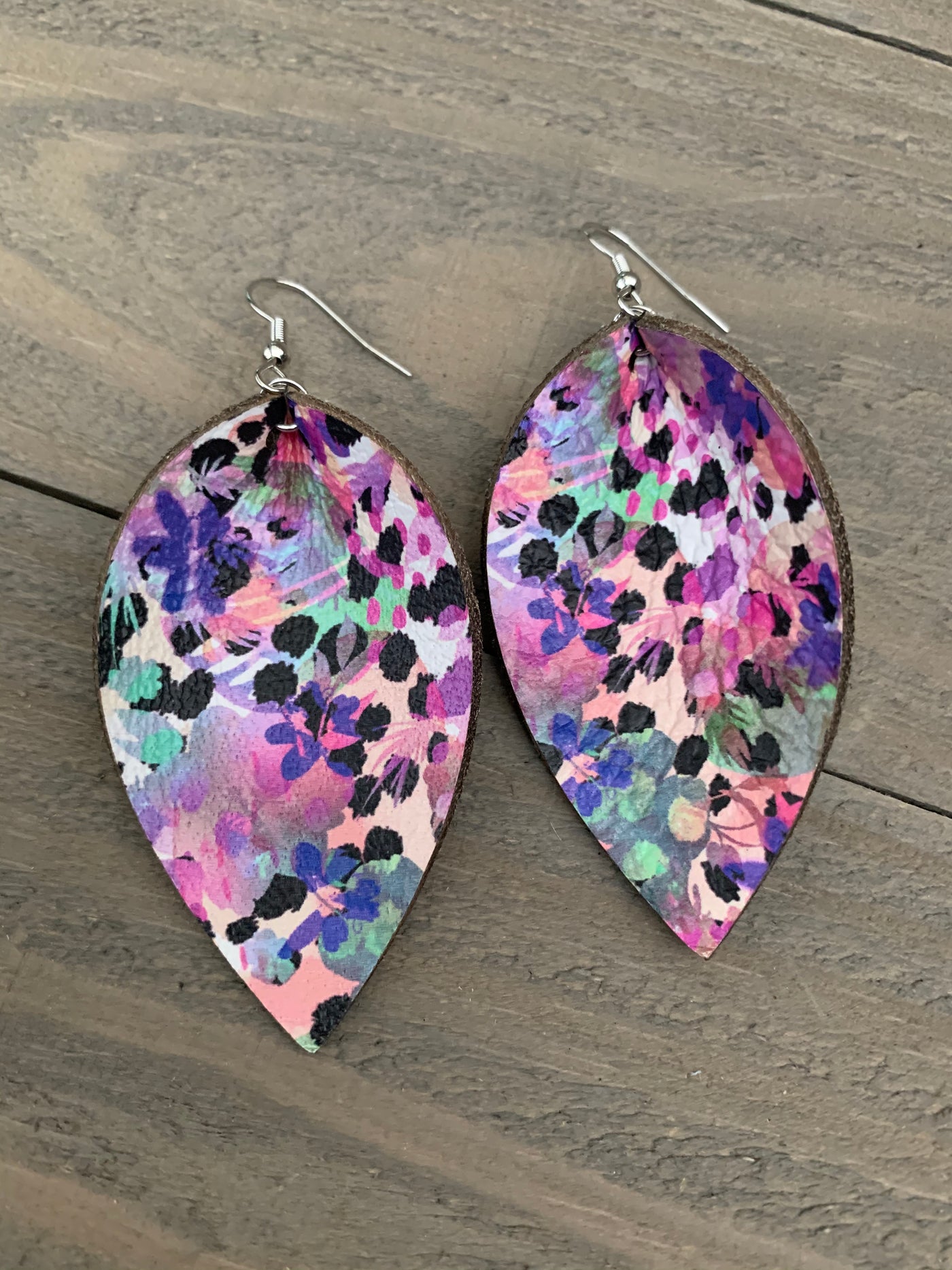 Watercolor Floral Leopard Leather Earrings - Jill's Jewels | Unique, Handcrafted, Trendy, And Fun Jewelry
