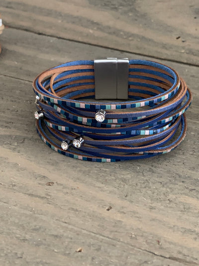 Blue Tiled Leather Magnetic Bracelet - Jill's Jewels | Unique, Handcrafted, Trendy, And Fun Jewelry