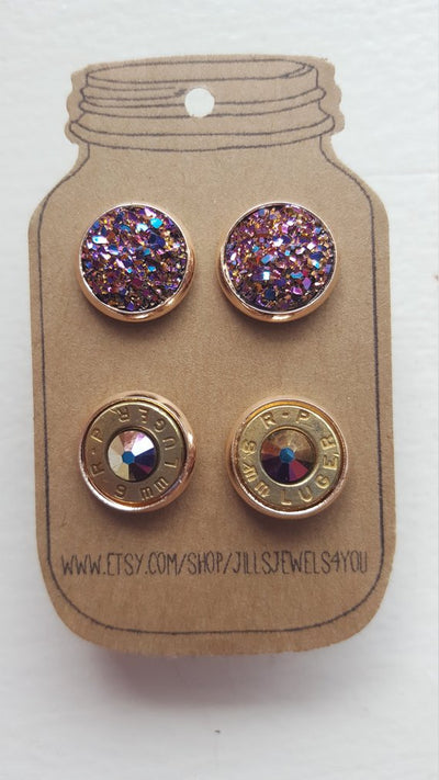 Druzy and Bullet Earrings- 9mm Rose Gold Rainbow - Jill's Jewels | Unique, Handcrafted, Trendy, And Fun Jewelry