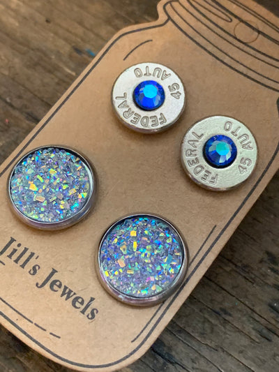 Blue AB Sparkle and 45 Auto bullet earring set - Jill's Jewels | Unique, Handcrafted, Trendy, And Fun Jewelry