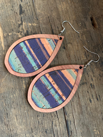 Blue Coral Sunset Cork Wood Teardrop Earrings - Jill's Jewels | Unique, Handcrafted, Trendy, And Fun Jewelry