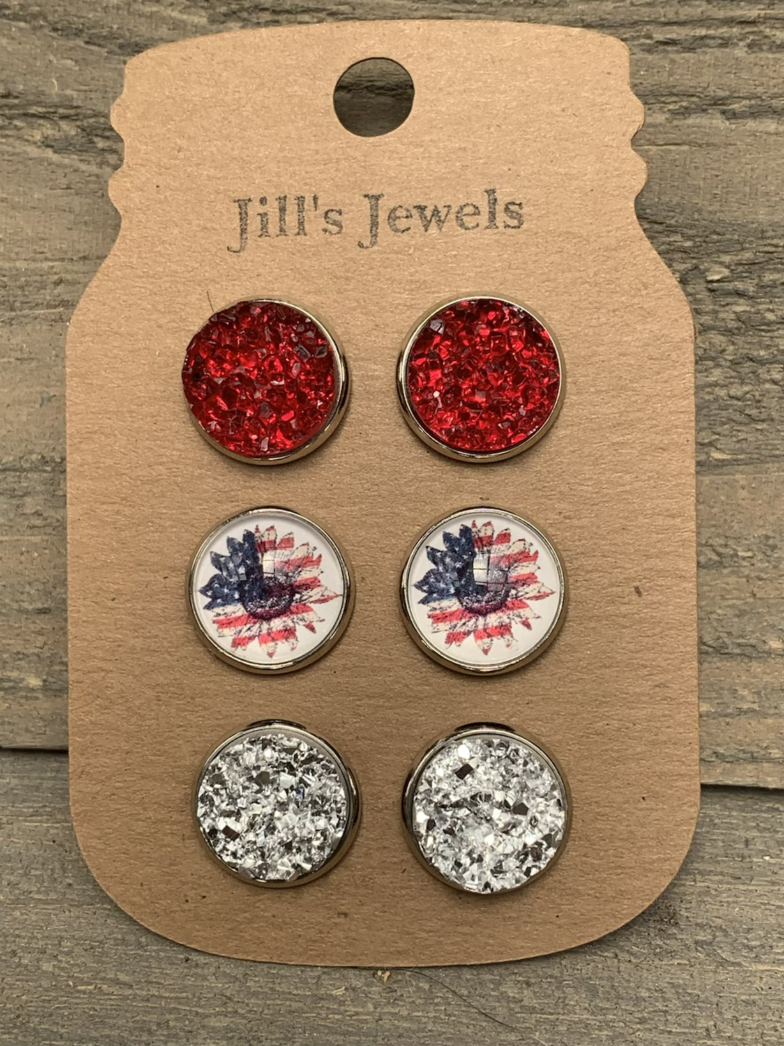 Red White and Blue Flag Daisy USA Faux Druzy Earring 3 Set - Jill's Jewels | Unique, Handcrafted, Trendy, And Fun Jewelry
