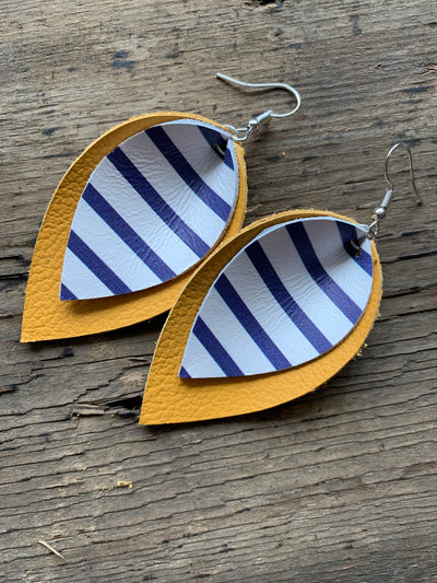 Mustard Leather earrings with blue and white stripes - Jill's Jewels | Unique, Handcrafted, Trendy, And Fun Jewelry