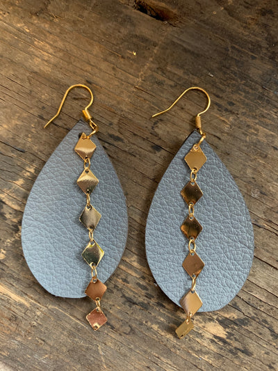 Grey Leather Earrings with Gold Diamond Chain - Jill's Jewels | Unique, Handcrafted, Trendy, And Fun Jewelry