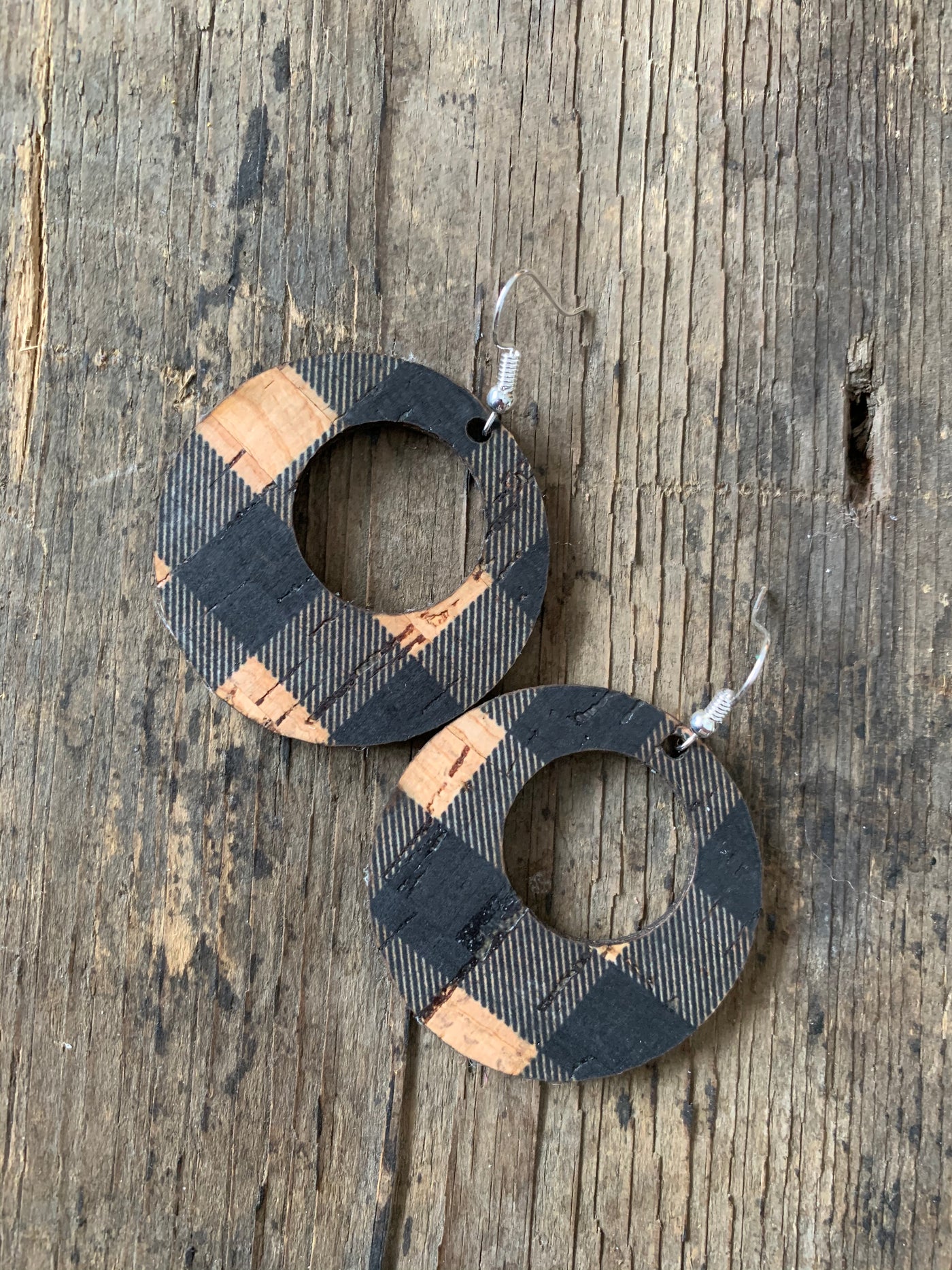 Black Buffalo Check Round Cork Leather Earring - Jill's Jewels | Unique, Handcrafted, Trendy, And Fun Jewelry