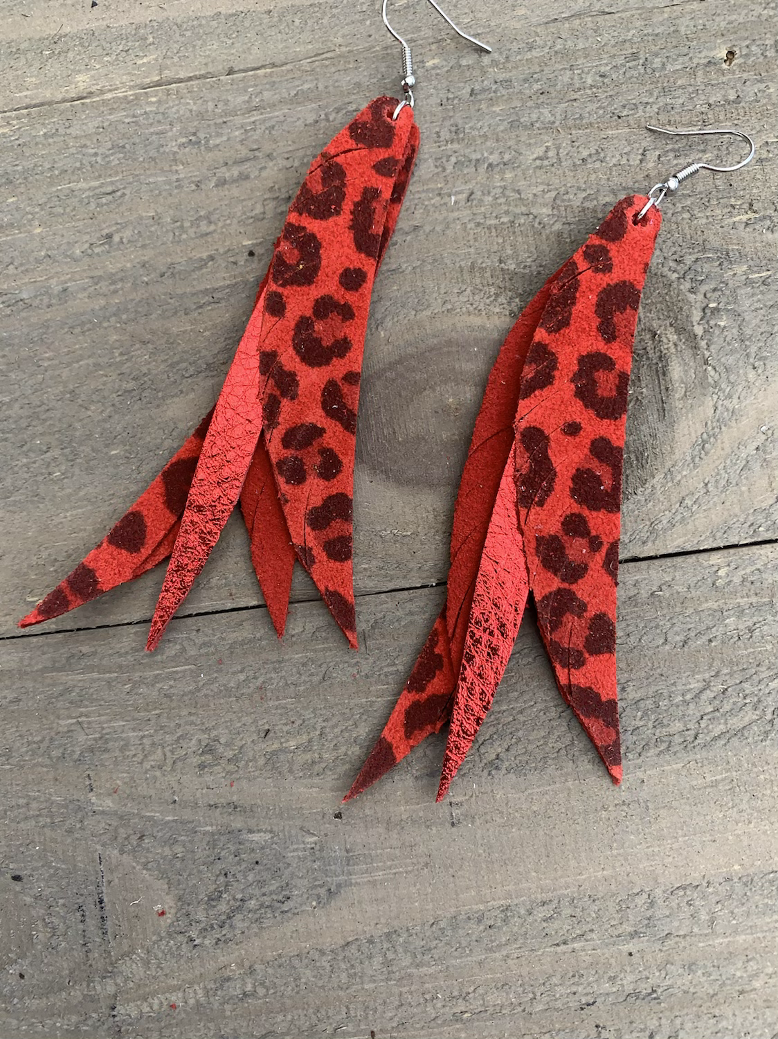Red Leopard Stacked Fringe Feather Earrings - Jill's Jewels | Unique, Handcrafted, Trendy, And Fun Jewelry