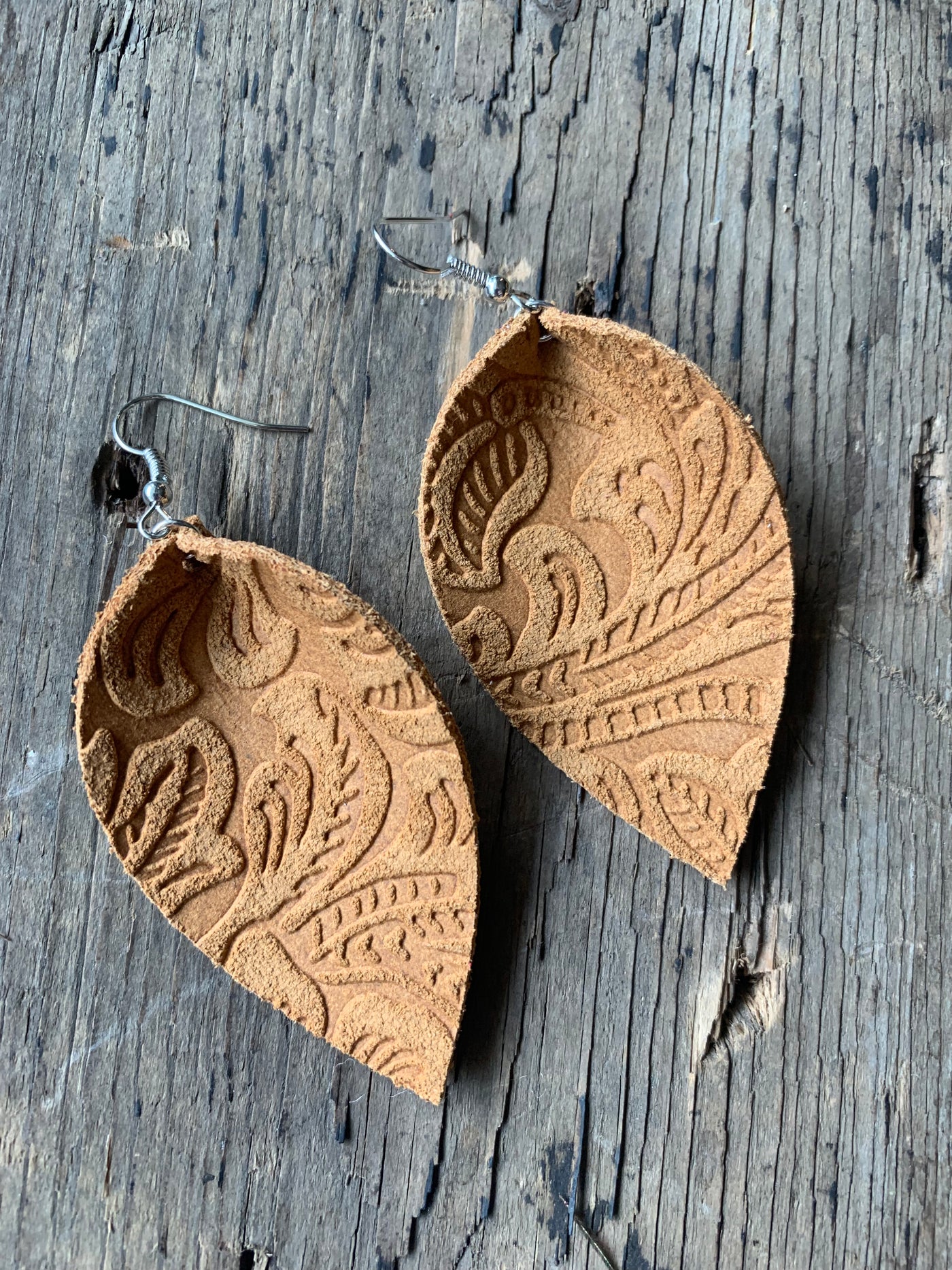 Light brown carved suede earrings - Jill's Jewels | Unique, Handcrafted, Trendy, And Fun Jewelry