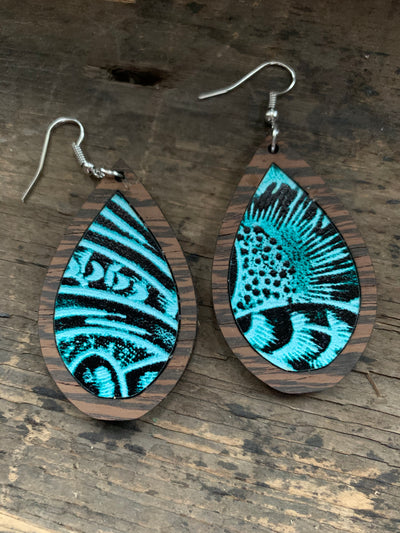 Teal Western Floral Wood Teardrop Earrings - Jill's Jewels | Unique, Handcrafted, Trendy, And Fun Jewelry