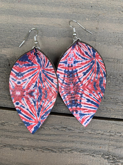 Red White and Blue Tie Dye Leather Earrings - Jill's Jewels | Unique, Handcrafted, Trendy, And Fun Jewelry