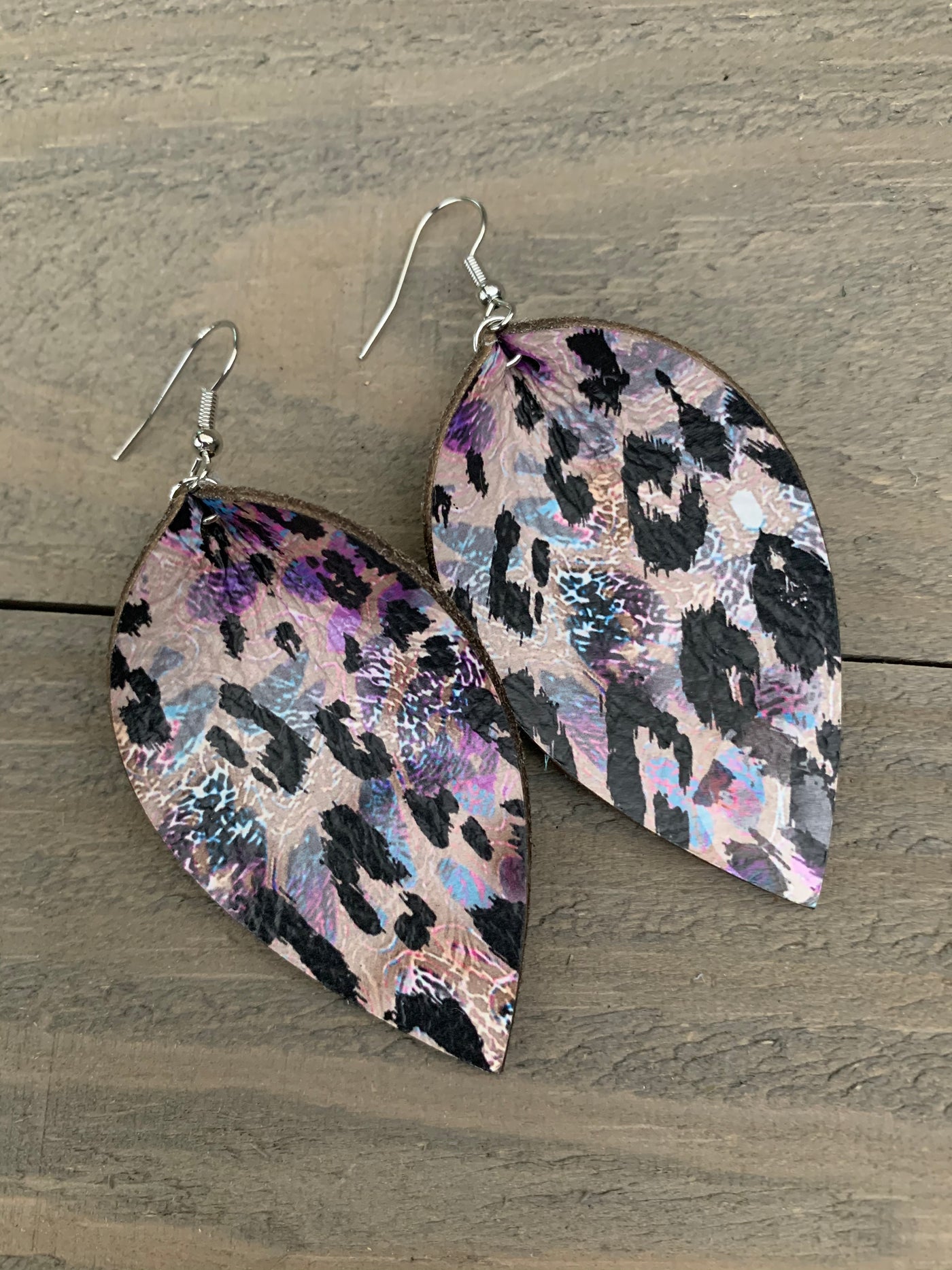 Blue and Purple Leopard Leather Earrings - Jill's Jewels | Unique, Handcrafted, Trendy, And Fun Jewelry