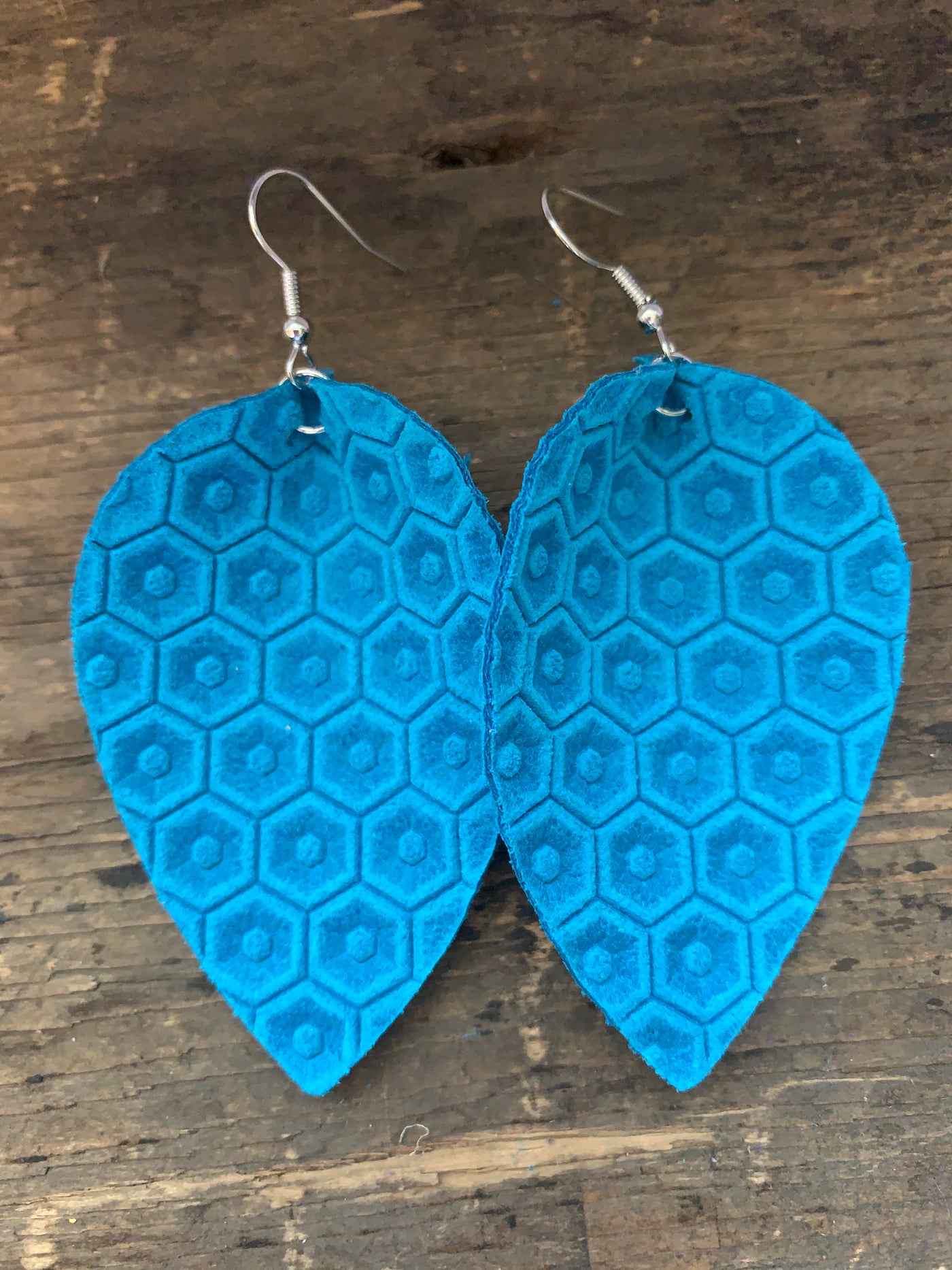 Bright Blue Honeycomb Leather Earrings - Jill's Jewels | Unique, Handcrafted, Trendy, And Fun Jewelry