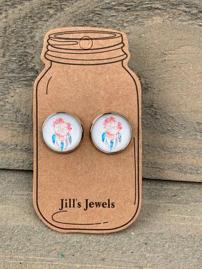 Coral and Blue Dream Catcher Stud Earrings - Jill's Jewels | Unique, Handcrafted, Trendy, And Fun Jewelry