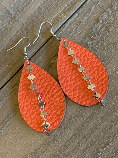 Coral Orange Leather Earrings with Silver Diamond Chain - Jill's Jewels | Unique, Handcrafted, Trendy, And Fun Jewelry