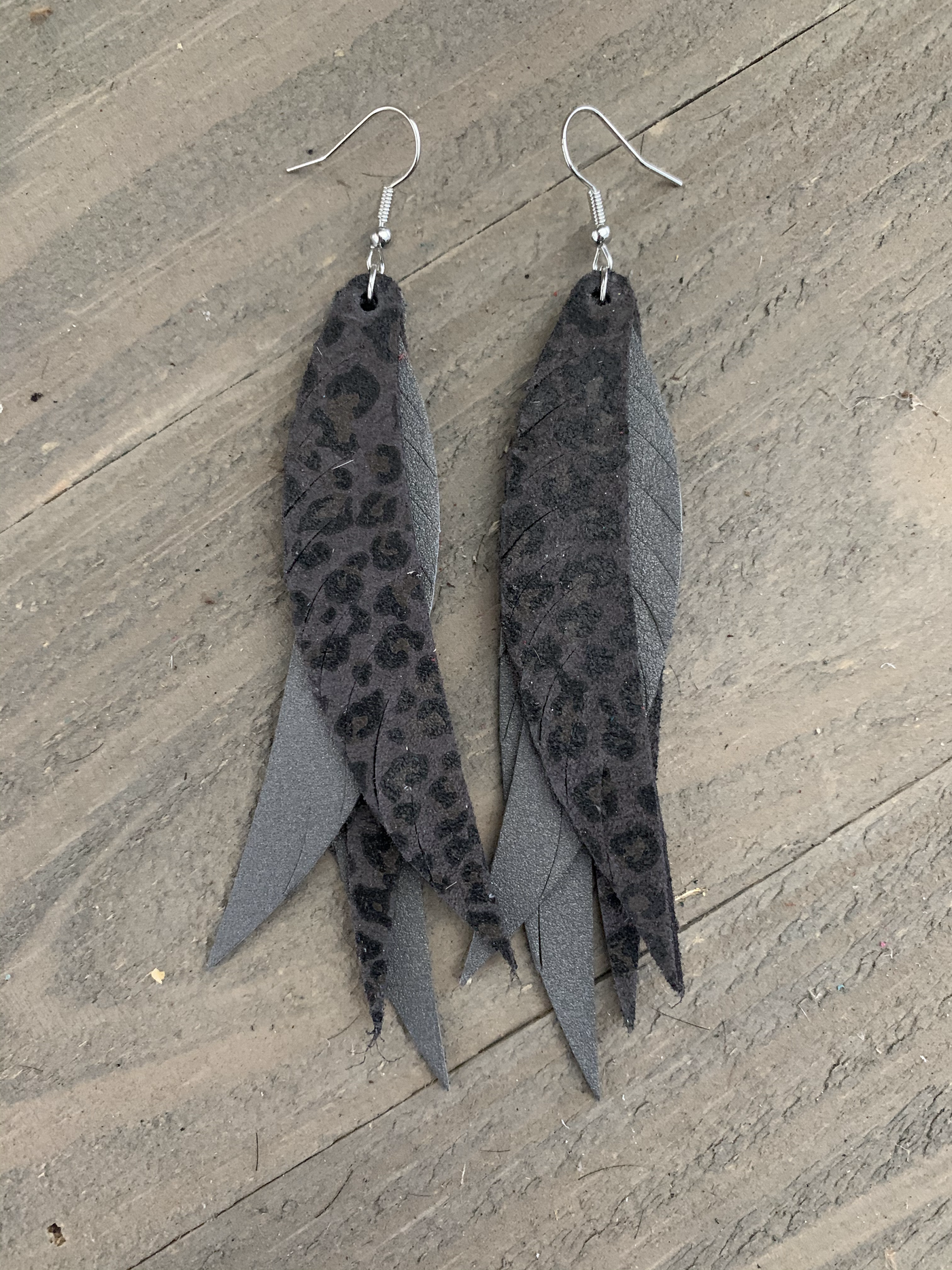 Grey Leopard Stacked Fringe Feather Earrings - Jill's Jewels | Unique, Handcrafted, Trendy, And Fun Jewelry