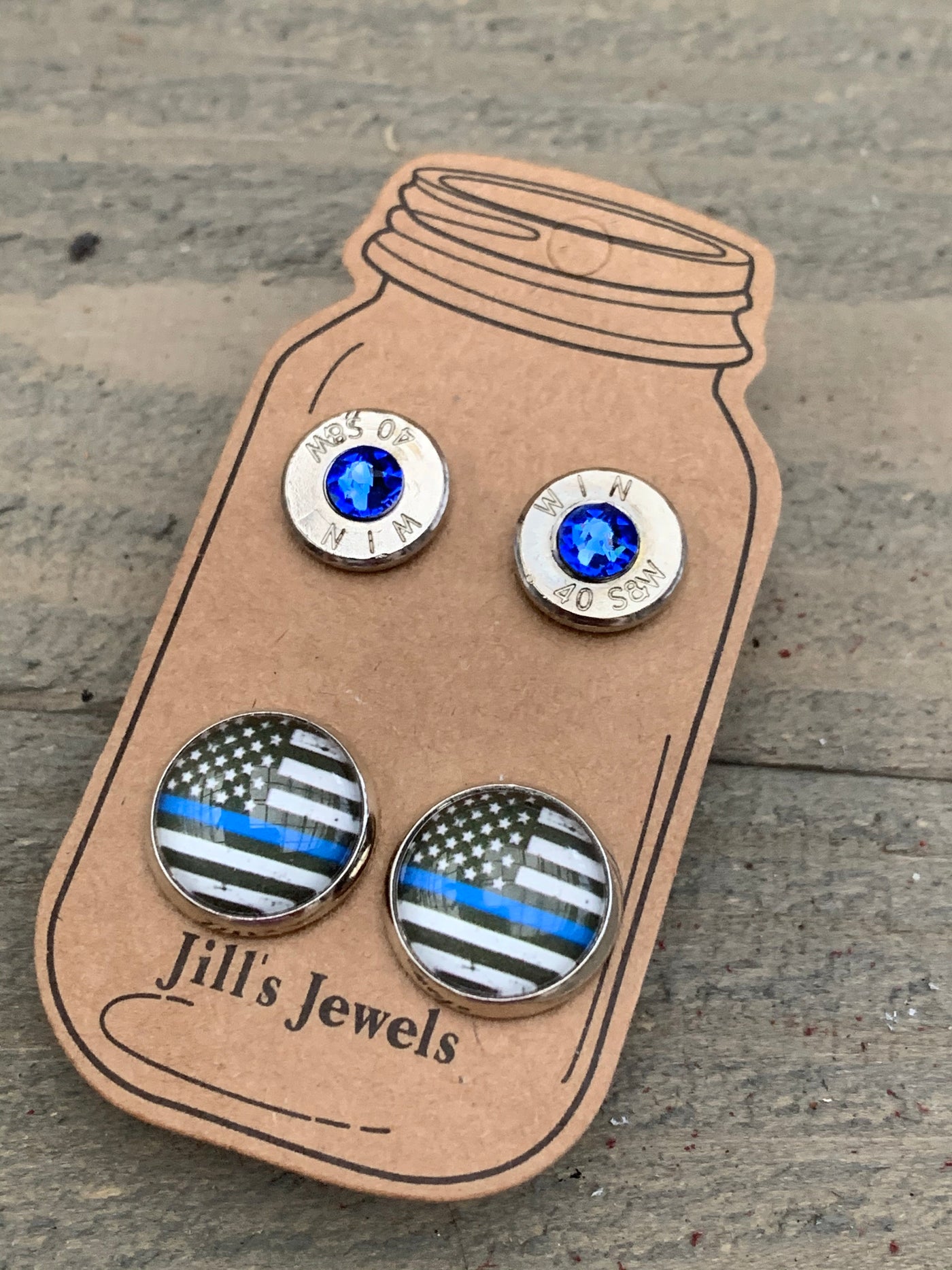 Blue Line 40 Caliber bullet earring set - Jill's Jewels | Unique, Handcrafted, Trendy, And Fun Jewelry