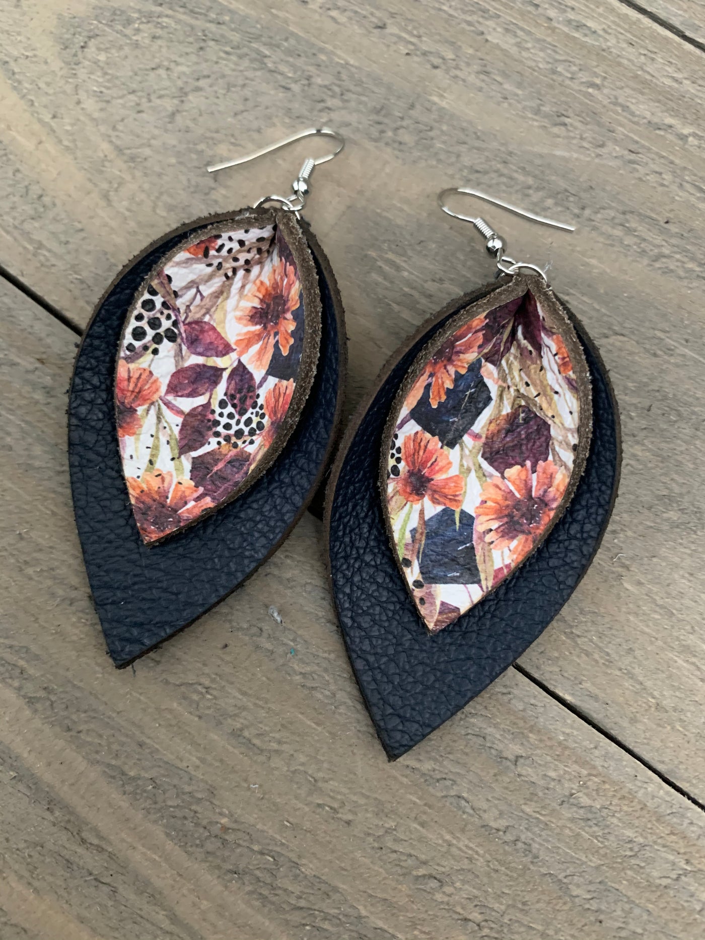Navy Floral Fall leather earrings - Jill's Jewels | Unique, Handcrafted, Trendy, And Fun Jewelry