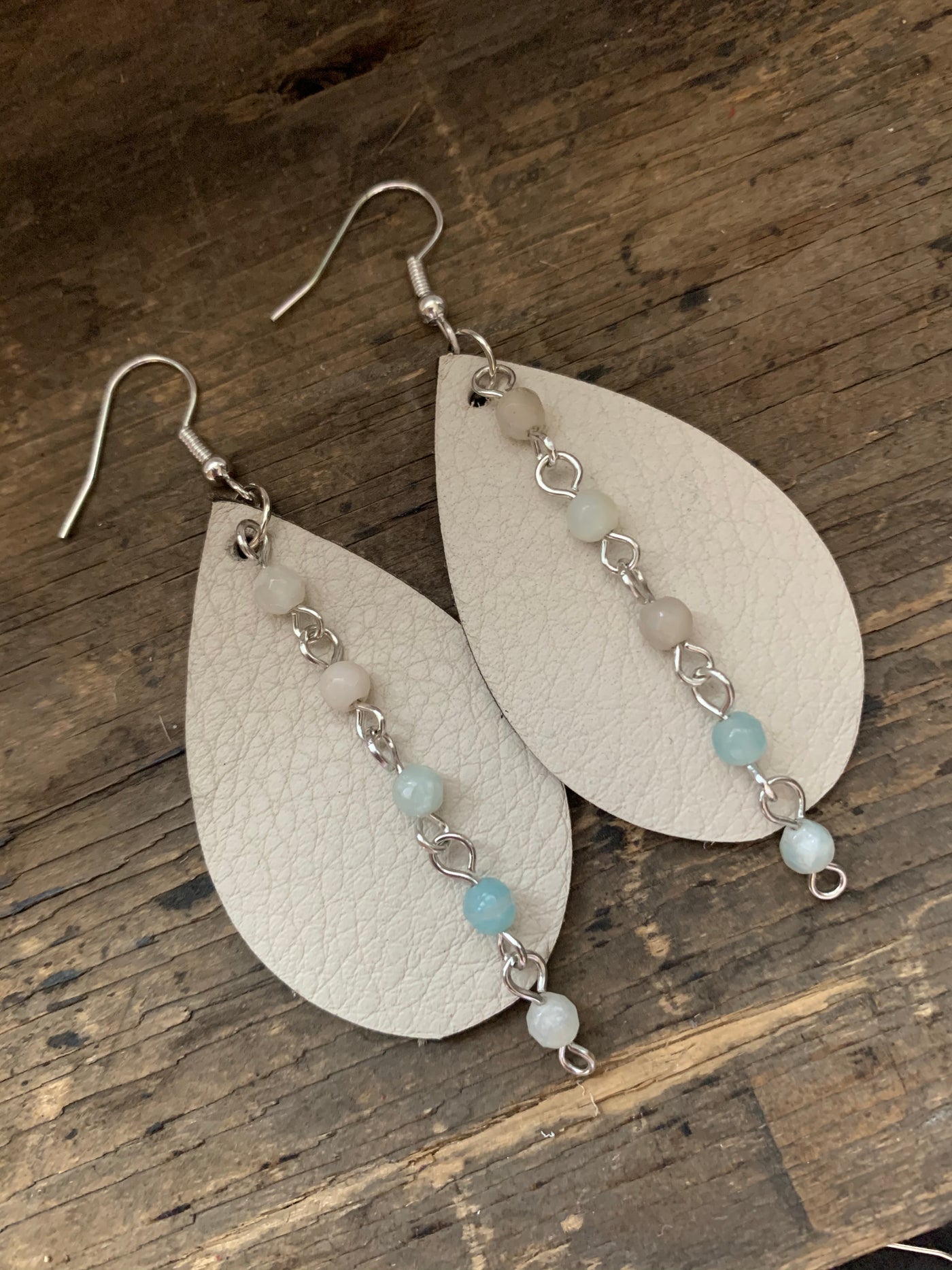 Cream Leather Earrings with Mint Gemstone Chain - Jill's Jewels | Unique, Handcrafted, Trendy, And Fun Jewelry