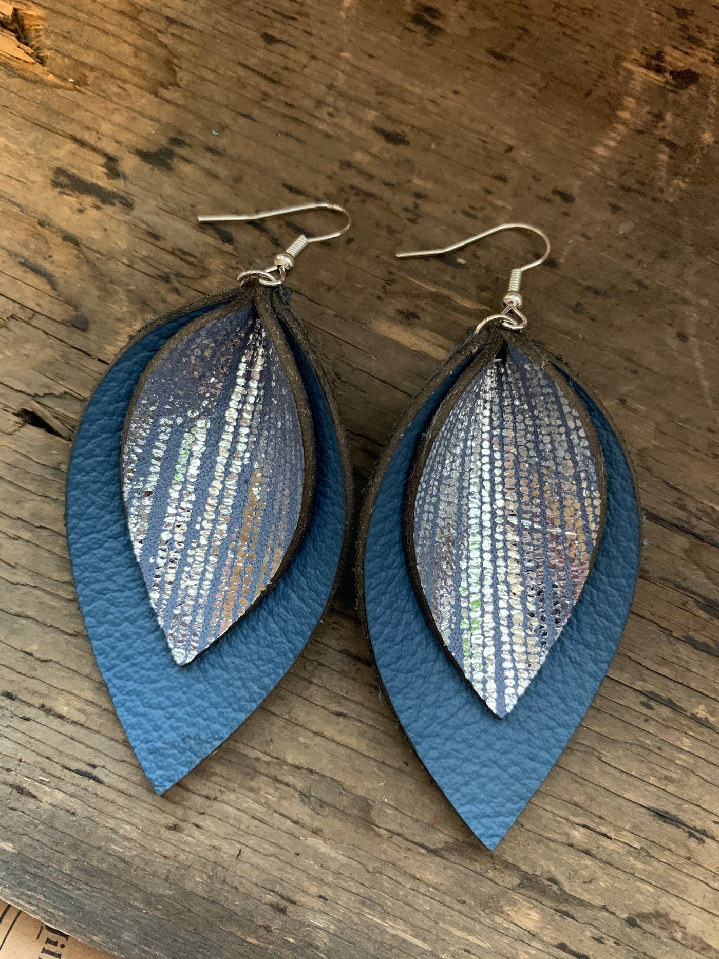 Denim Blue Rain Double Layer Leather Earrings - Jill's Jewels | Unique, Handcrafted, Trendy, And Fun Jewelry