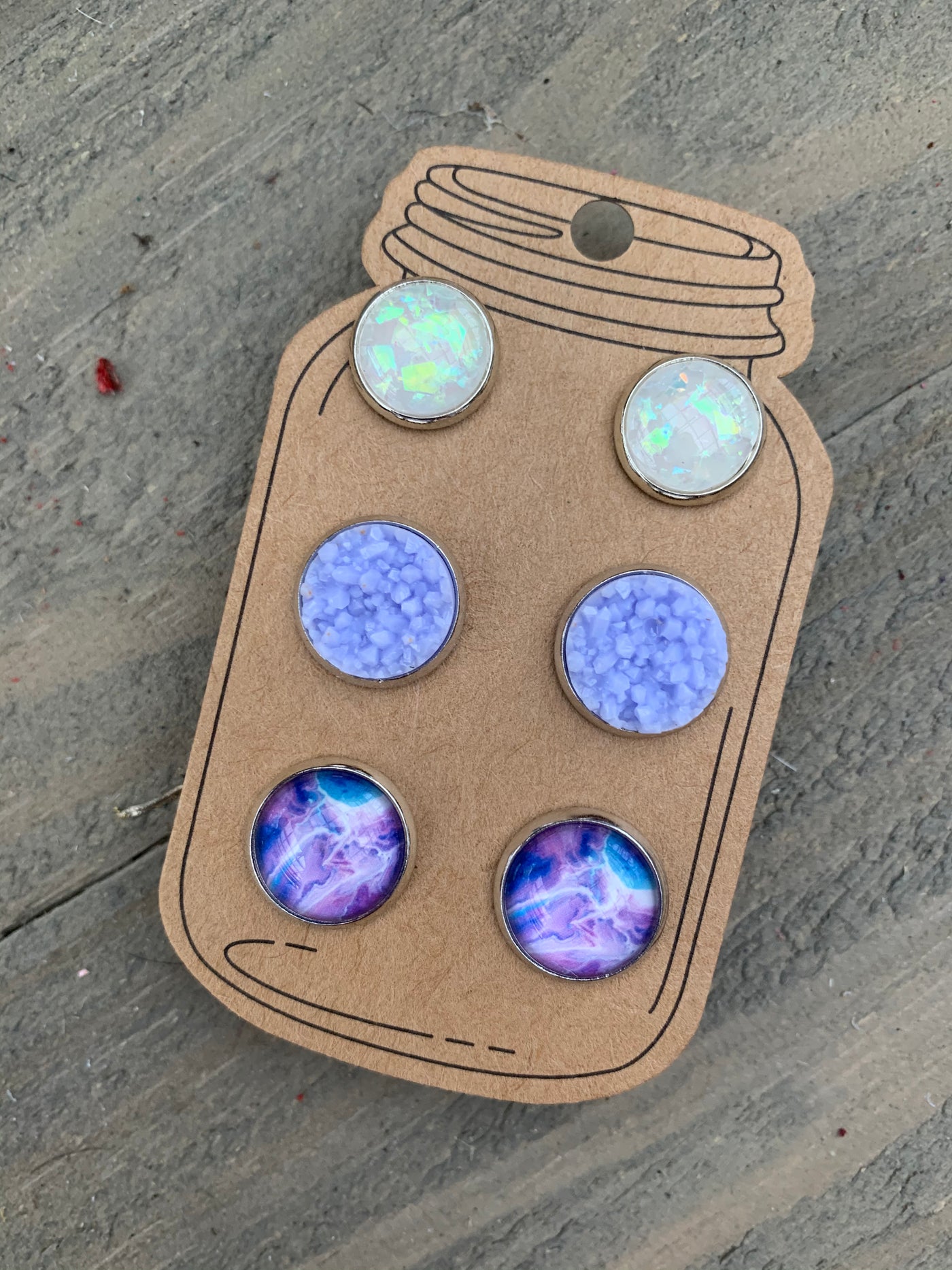 Purple and White Marble Faux Druzy Earring 3 Set - Jill's Jewels | Unique, Handcrafted, Trendy, And Fun Jewelry