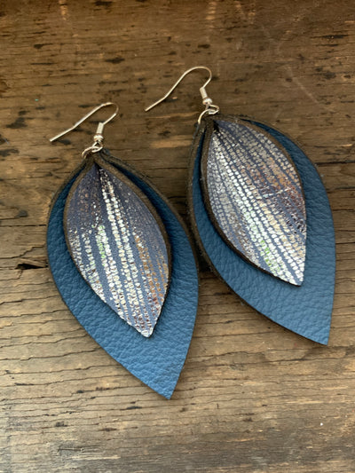 Denim Blue Rain Double Layer Leather Earrings - Jill's Jewels | Unique, Handcrafted, Trendy, And Fun Jewelry