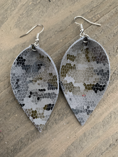 Grey Digital Camo Printed Leather Earrings - Jill's Jewels | Unique, Handcrafted, Trendy, And Fun Jewelry