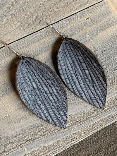 Grey Palm Leaf Patterned Leather Earrings - Jill's Jewels | Unique, Handcrafted, Trendy, And Fun Jewelry