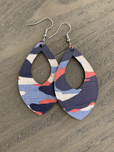 Red White and Blue Camo Cork Teardrop Earring - Jill's Jewels | Unique, Handcrafted, Trendy, And Fun Jewelry