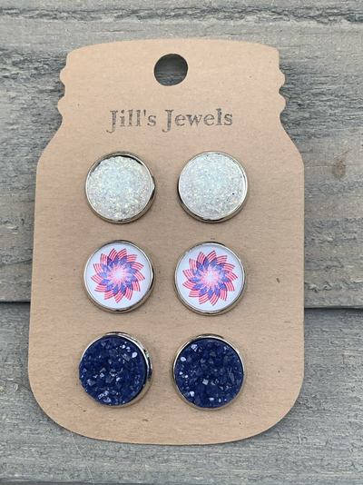 copy of Red White and Blue Pin Wheel USA Faux Druzy Earring 3 Set - Jill's Jewels | Unique, Handcrafted, Trendy, And Fun Jewelry