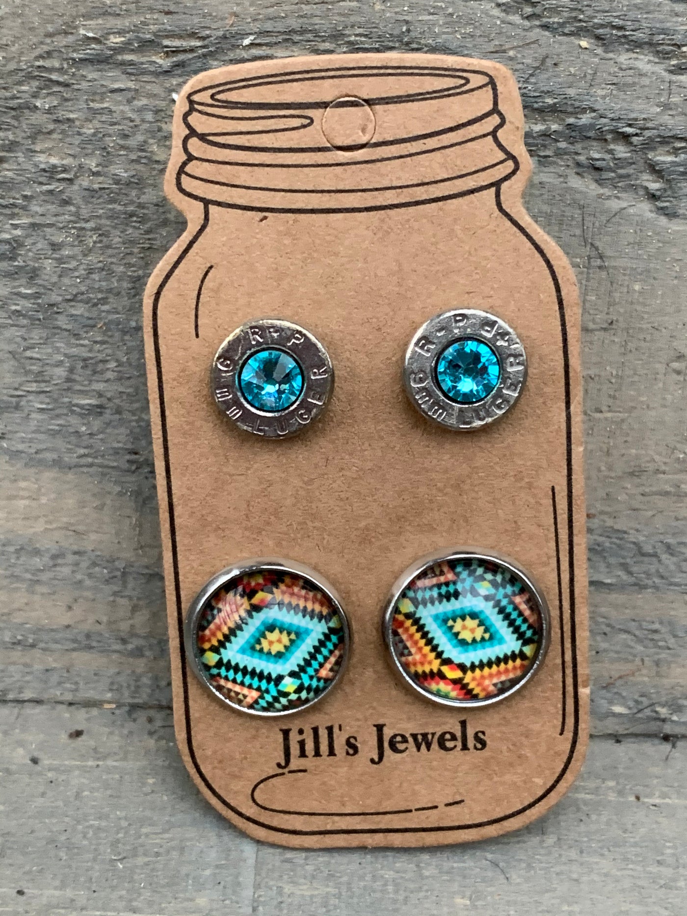 Turquoise Aztec 9mm bullet earring set - Jill's Jewels | Unique, Handcrafted, Trendy, And Fun Jewelry