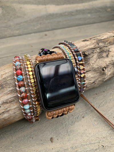 Tan Multi Colored Heart Beaded Smart Watch Wrap Bracelet - Jill's Jewels | Unique, Handcrafted, Trendy, And Fun Jewelry