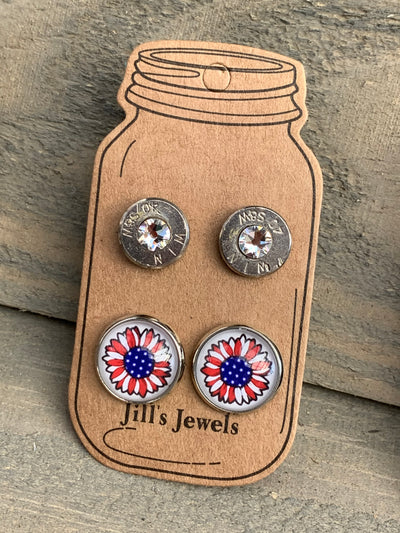 Red White and Blue Daisy 40 Caliber bullet earring set - Jill's Jewels | Unique, Handcrafted, Trendy, And Fun Jewelry