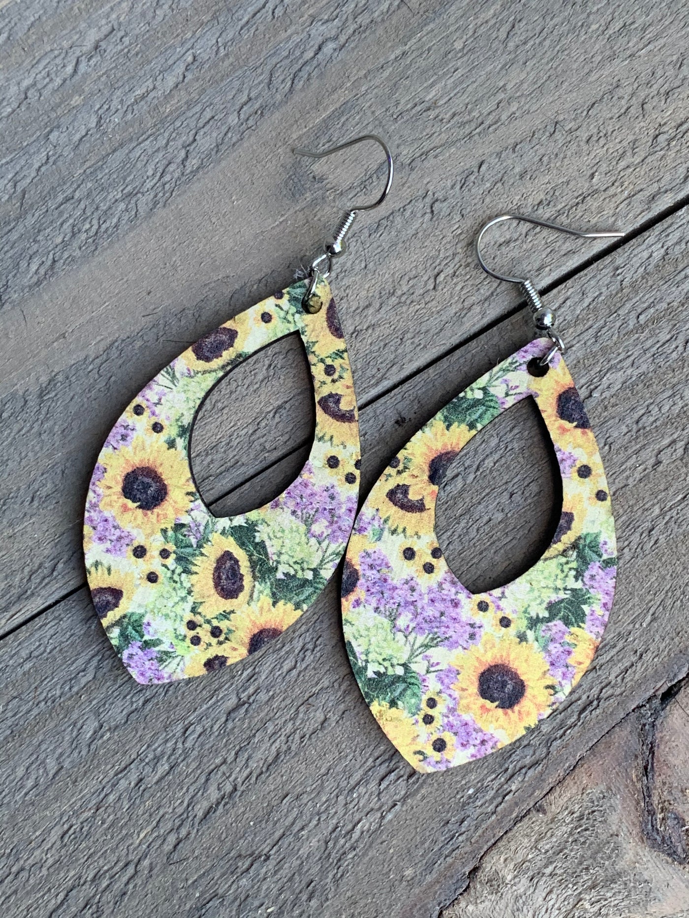 Sunflower and Lilac Floral Cork Teardrop Earring - Jill's Jewels | Unique, Handcrafted, Trendy, And Fun Jewelry