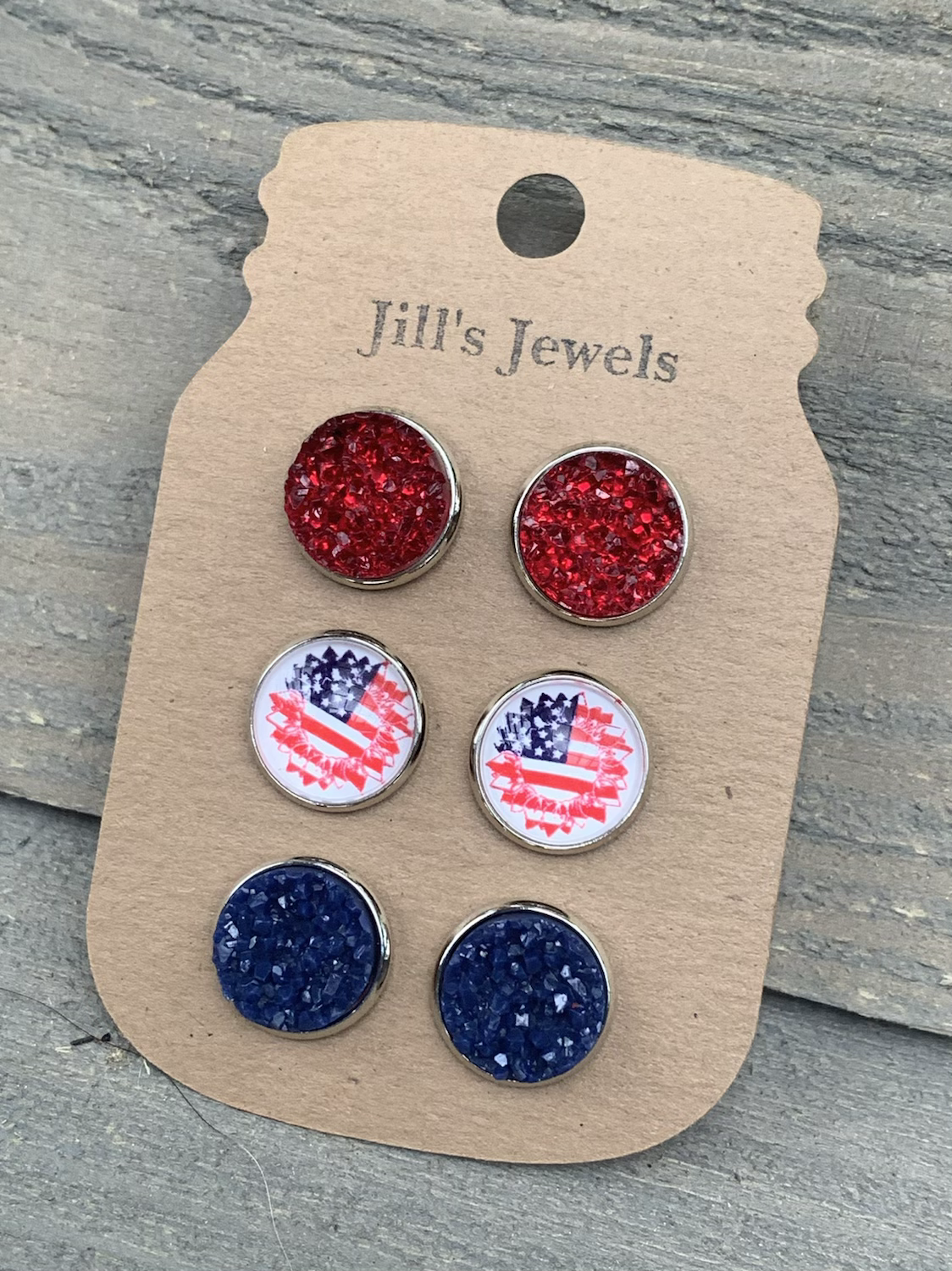 Red White and Blue Flag Flower USA Faux Druzy Earring 3 Set - Jill's Jewels | Unique, Handcrafted, Trendy, And Fun Jewelry