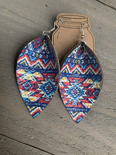 Blue, Yellow and Red Aztec Leather Earrings - Jill's Jewels | Unique, Handcrafted, Trendy, And Fun Jewelry